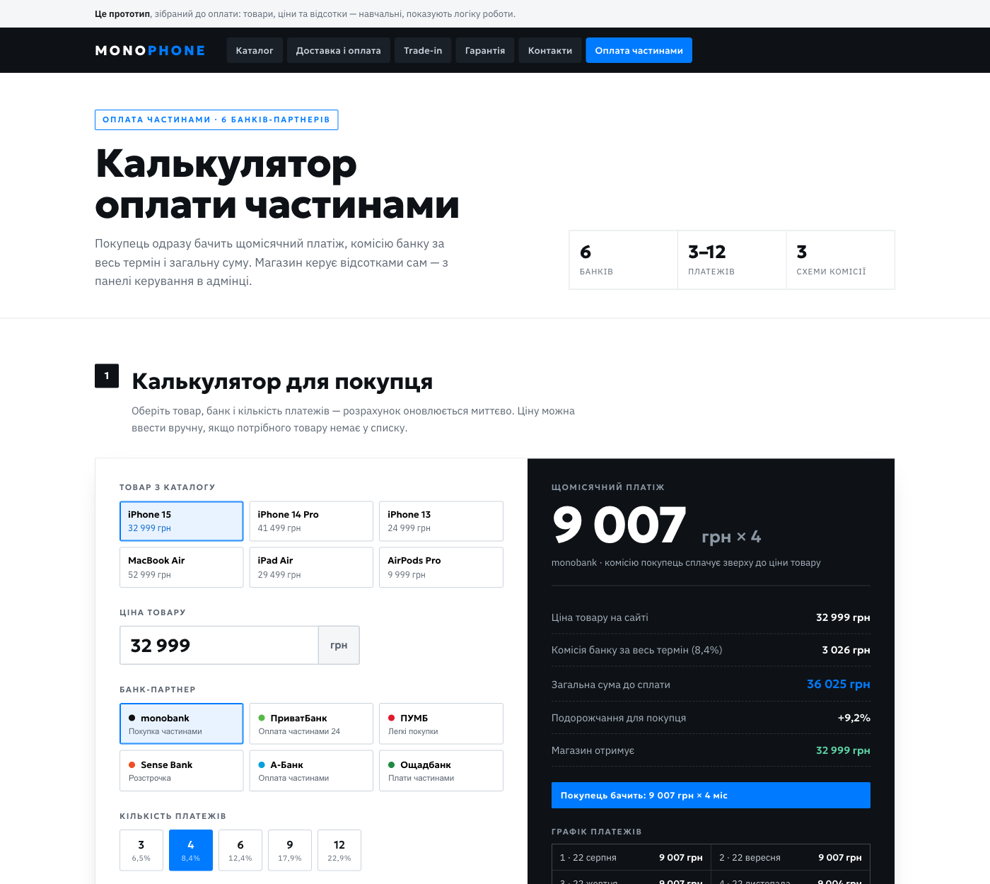 Калькулятор: банк, термін, щомісячний платіж, комісія і загальна сума